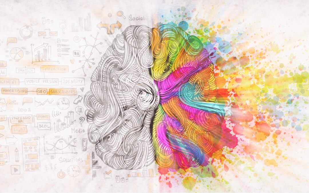 Two sides of the brain. One in black and white, one in colour. The colourful side represents creativity and highlights possible creative careers for children with dyslexia
