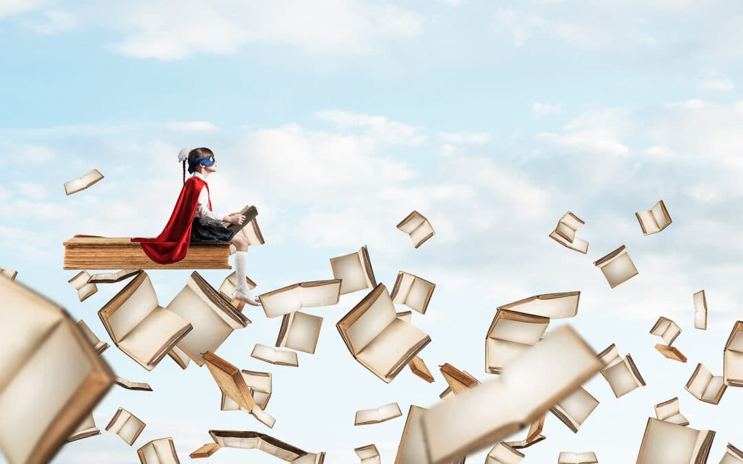 Superhero child flying on a book and through the best books for 5 year olds with dyslexia